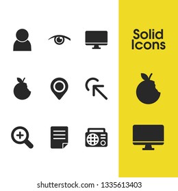 Mixed icons set with pin, eye and radio elements. Set of mixed icons and fruit concept. Editable vector elements for logo app UI design.