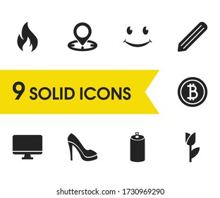 Mixed icons set with soda, computer and shoe elements. Set of mixed icons and fire concept. Editable vector elements for logo app UI design.