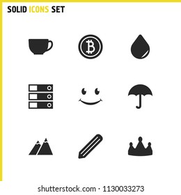 Mixed icons set with tea, crown and mountain elements. Set of mixed icons and peak concept. Editable vector elements for logo app UI design.
