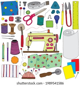 Mixed items of sewing material vector