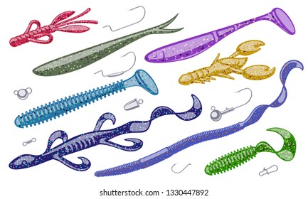 Mixed kinds of soft plastic baits and tackles. Scented and salted silicone bait lures for catching bass, pike, perch, zander and other predatory fish.