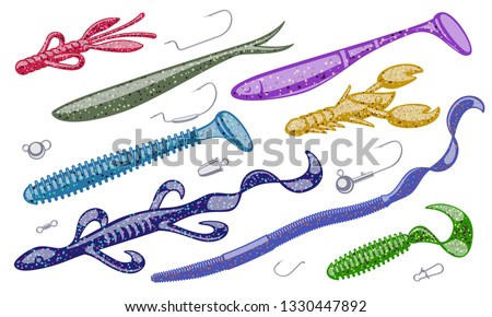 Mixed kinds of soft plastic baits and tackles. Scented and salted silicone bait lures for catching bass, pike, perch, zander and other predatory fish.