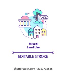 Mixed Land Use Concept Icon. Creating Eco-friendly Cities Abstract Idea Thin Line Illustration. Public Space And Landscape. Isolated Outline Drawing. Editable Stroke. Arial, Myriad Pro-Bold Fonts Used