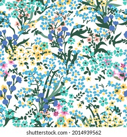 Mixed liberty print on white background. Seamless vector pattern in repeat. Vintage print with small inflorescences. Retro textile design collection.