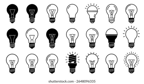 Iconos de bombilla mixta - símbolos de bombilla eléctrica para temas de energía - Ilustraciones vectoriales escalables para impresión, embalaje, señalización o uso digital