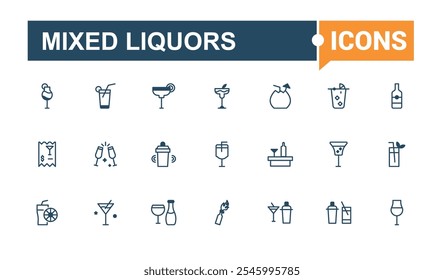 Mixed Liquors icons in linear style. Contains related to lemon, fresh, tequila, cosmopolitan, cocktail, wine, whiskey, beer. Modern thin icons. Outline and solid pictogram.