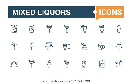 Mixed Liquors icons in linear style. Contains related to lemon, fresh, tequila, cosmopolitan, cocktail, wine, whiskey, beer. Modern thin icons. Outline and solid pictogram.