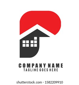 Mixed logo of P letter design vector and silhouette of house represents housing, apartment, office or condominium developer