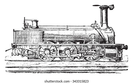 Mixed machine with three coupled axles for passenger trains and goods, vintage engraved illustration. Industrial encyclopedia E.-O. Lami - 1875.