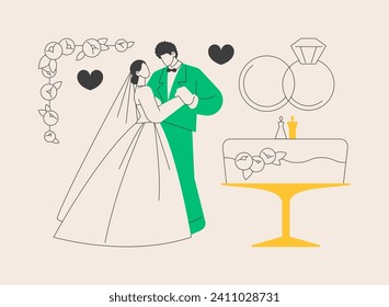 Mixed marriage abstract concept vector illustration. Interracial marriage, different races and religions, happy multiracial family, mixed couple, wedding day rings, traditional abstract metaphor.