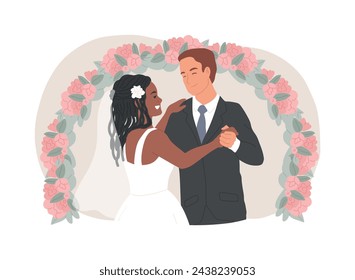 Mixed marriage isolated concept vector illustration. Interracial marriage, different races and religions, happy multiracial family, mixed couple, wedding day rings, traditional vector concept.