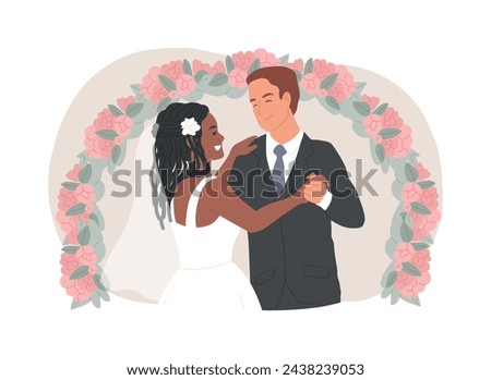Mixed marriage isolated concept vector illustration. Interracial marriage, different races and religions, happy multiracial family, mixed couple, wedding day rings, traditional vector concept.