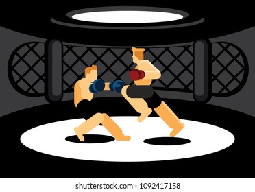 mixed martial art fighters fighting in black cage ring vector illustration