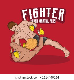 Mixed martial Art Fighters wrestling vector illustration with red background