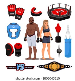 Mixed martial arts accessory and professional item. Sportsman and sportswoman character. Ring, gloves, capa, punching bag, slum, cue ball, champion belt, training mannequin isolated vector set