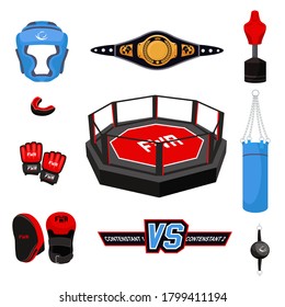 Mixed martial arts accessory and wear isolated set on white background. Ring, gloves, capa, punching bag, cue ball, champion belt winner reward, training man mannequin vector sportive gear object
