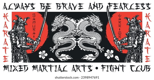 Mixed martial arts banner colorful with fire dragons fighting japanese samurai for fight club design vector illustration