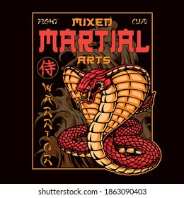 Mixed martial arts club vintage print with inscriptions and king cobra on fire background isolated vector illustration