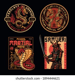 Mixed martial arts fight club badges in vintage style with fantasy dragon snake koi carps and samurai in armor holding katana sword isolated vector illustration. Japan translation - Samurai, Warrior