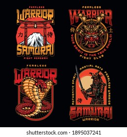 Mixed martial arts fight club logos in vintage style with samurai warrior aggressive snake Torii Gate and mountain Fujiyama isolated vector illustration. Japan translation - Samurai, Warrior, Power