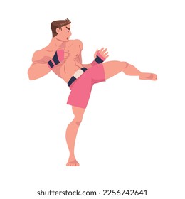 Mixed Martial Arts with Man Fighter in Shorts and Boxing Gloves Engaged in Full-contact Combat Sport Vector Illustration