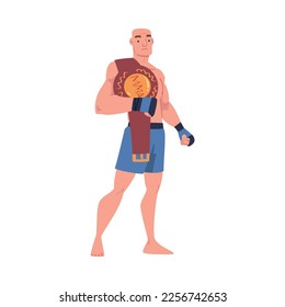 Mixed Martial Arts with Man Fighter in Shorts and Boxing Gloves Holding Belt Vector Illustration