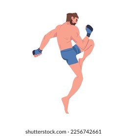 Mixed Martial Arts with Man Fighter in Shorts and Boxing Gloves Engaged in Full-contact Combat Sport Vector Illustration