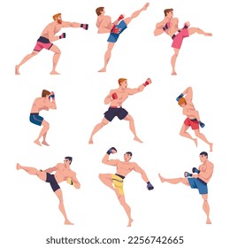 Mixed Martial Arts with Man Fighter in Boxing Gloves Engaged in Full-contact Combat Sport Striking Vector Set