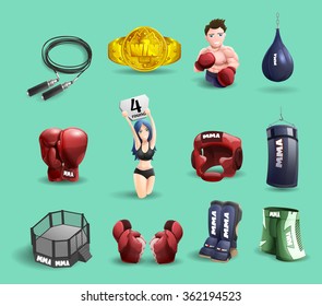 Mixed martial arts mma fighter ring cage equipment and accessories 3d pictograms set abstract isolated vector illustration