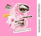 Mixed media 8 female symbol with halftone female collage elements - flowers and torn out female face parts. Banner template for International womens day, feminism, gender equality. Vector illustration
