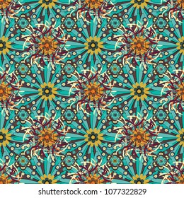 Mixed media artwork for textiles, fabrics, souvenirs, packaging and greeting cards. Imprints floral seamless pattern. Abstract vector digital stylized brown, blue and green picture.