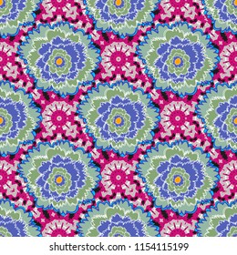 Mixed media artwork for textiles, fabrics, souvenirs, packaging and greeting cards. Imprints floral seamless pattern. Abstract vector digital stylized magenta, green and blue picture.