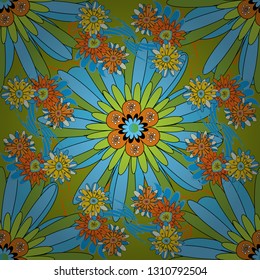 Mixed media artwork for textiles, fabrics, souvenirs, packaging and greeting cards. Imprints floral seamless pattern. Abstract vector digital stylized green, orange and blue picture.