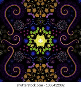 Mixed media artwork for textiles, fabrics, souvenirs, packaging and greeting cards. Abstract vector digital stylized black, violet and orange picture. Imprints floral seamless pattern.