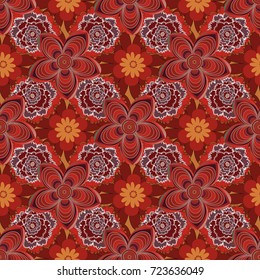 Mixed media artwork for textiles, fabrics, souvenirs, packaging and greeting cards. Imprints floral seamless pattern. Abstract vector digital stylized neutral, red and brown picture.