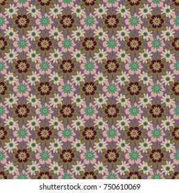 Mixed media artwork for textiles, fabrics, souvenirs, packaging and greeting cards. Imprints floral seamless pattern. Abstract vector digital stylized beige, purple and green picture.