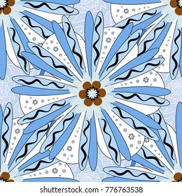 Mixed media artwork for textiles, fabrics, souvenirs, packaging and greeting cards. Imprints floral seamless pattern. Abstract vector digital stylized white, blue and neutral picture.