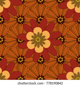 Mixed media artwork for textiles, fabrics, souvenirs, packaging and greeting cards. Imprints floral seamless pattern. Abstract vector digital stylized orange, brown and red picture.