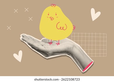 Mixed media collage with a cute yellow chick standing on a halftone hand. Ideal for Easter, childhood, kindness, or animal care concepts.