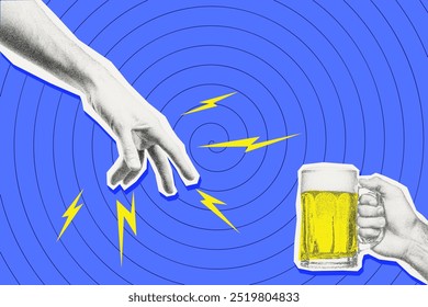 Collage de medios mixtos con dos manos: una extendiendo la mano, la otra sosteniendo una taza de cerveza. Comedia y concepto divertido.