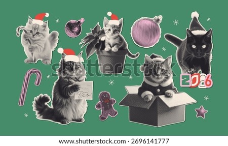 Mixed media halftone collage cut out of cats in Santa hats, writing letter, sitting in gift box and in poinsettia pot. Feline Xmas tree. Modern retro mixed media vector illustration isolated