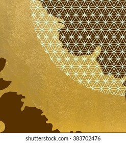 Mixed media hand made texture with gold foil paint splash, sacred geometry "Flower of Life" pattern in mint color on chocolate brown background.