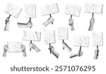 Mixed media hands holding placards. Crumpled paper blank protest or demonstration signs in halftone hand. Banners for activism, empty sign on stick for messages or announcements. isolated vector set.