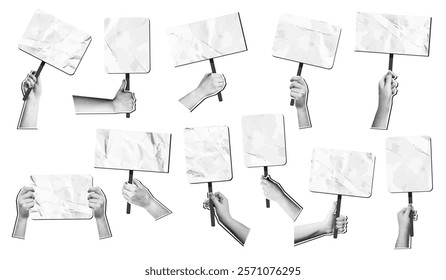 Mixed media hands holding placards. Crumpled paper blank protest or demonstration signs in halftone hand. Banners for activism, empty sign on stick for messages or announcements. isolated vector set.