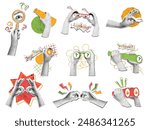 Mixed media looking hands. Halftone search and exploration stickers with magnifying glass, binocular, spyglass and eyeglasses. Searching collage vector set. Business vision and strategy concept.