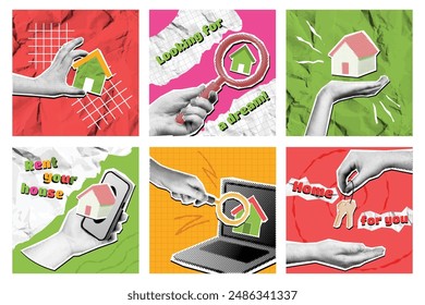 Mixed media mortgage. Real estate and home search collage renting and property searching with magnifying glass. Housing market vector illustration set. Online internet researching, investment concept.