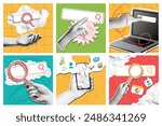 Mixed media online search. Internet search bar with magnifying glass icon, SEO optimization and research pop art with halftone hand vector set. Internet searching, discovery and forecast concept.