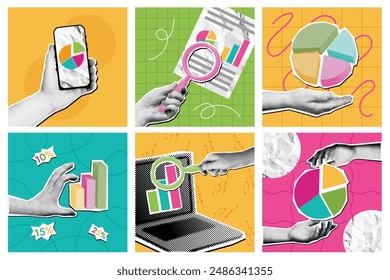 Investigación de medios mixtos. Análisis de datos de semitonos y collage de estadísticas, manos sosteniendo gráficos circulares e informes bajo el conjunto de Vectores de lupas. Oportunidad de negocio, exploración y concepto de monitoreo