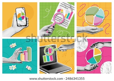Mixed media research. Halftone data analysis and statistics collage, hands holding pie charts and reports under magnifying glasses vector set. Business opportunity, exploration and monitoring concept