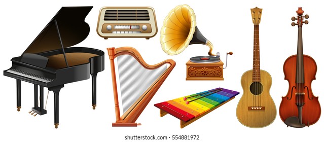 Mixed musical instruments on white